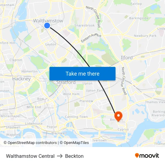 Walthamstow Central to Beckton map