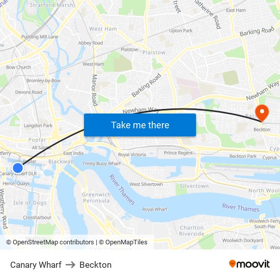 Canary Wharf to Beckton map