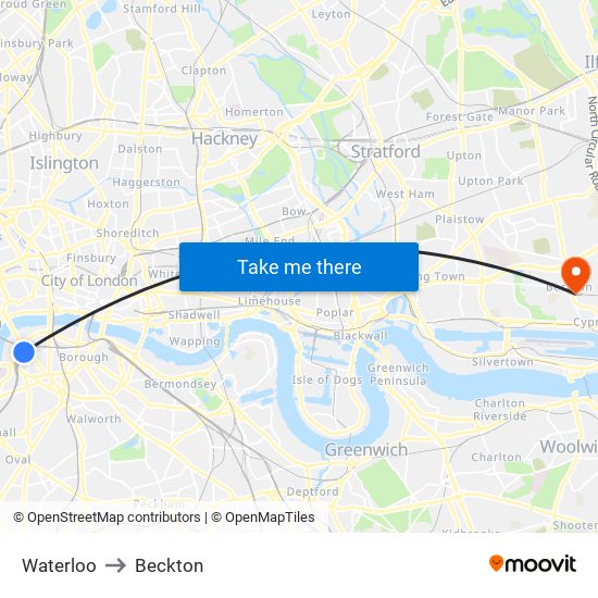 Waterloo to Beckton map