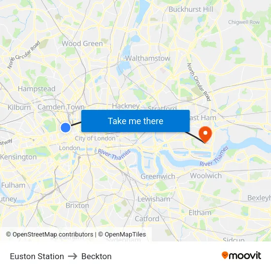 Euston Station to Beckton map