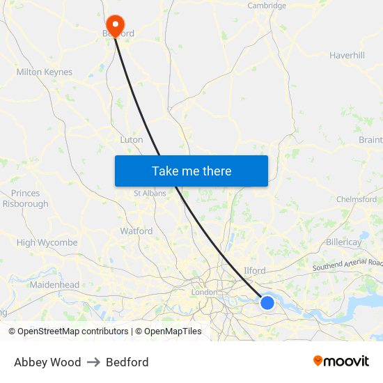 Abbey Wood to Bedford map