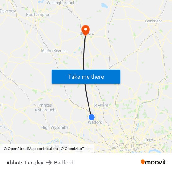 Abbots Langley to Bedford map