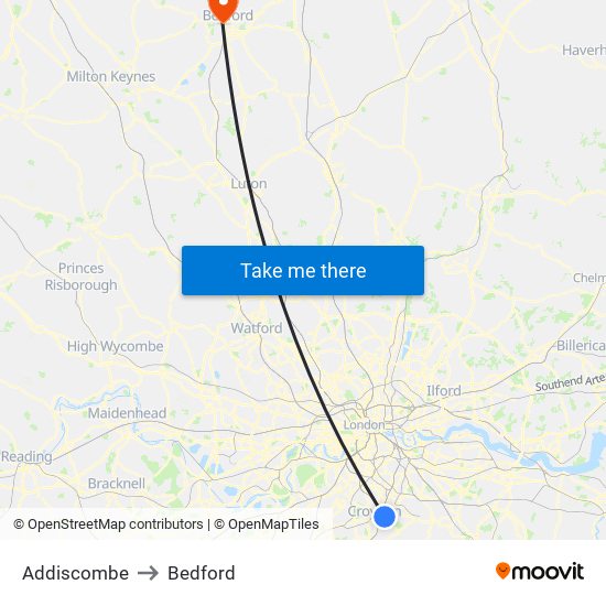 Addiscombe to Bedford map