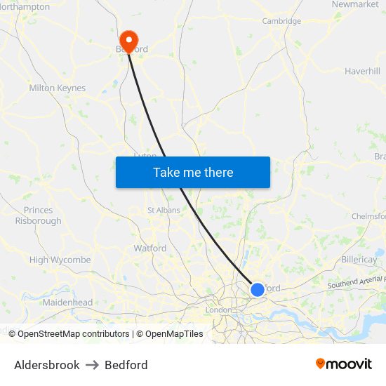 Aldersbrook to Bedford map