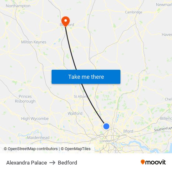 Alexandra Palace to Bedford map