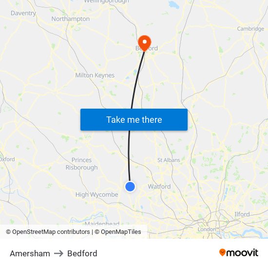 Amersham to Bedford map