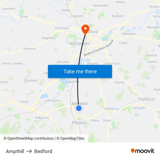 Ampthill to Bedford map