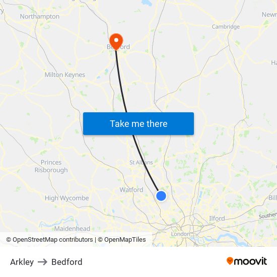 Arkley to Bedford map