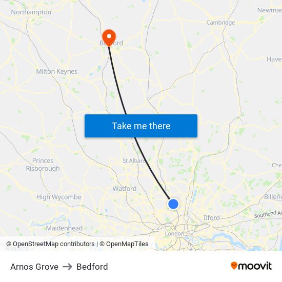 Arnos Grove to Bedford map