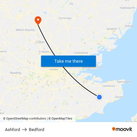 Ashford to Bedford map