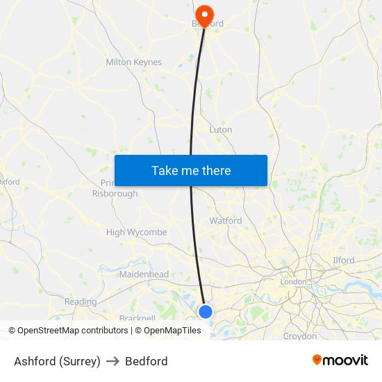 Ashford (Surrey) to Bedford map