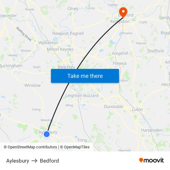 Aylesbury to Bedford map