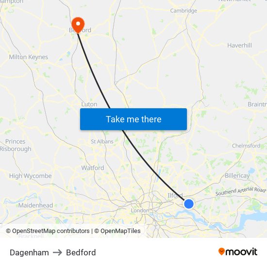 Dagenham to Bedford map