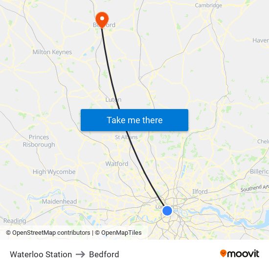 Waterloo Station to Bedford map