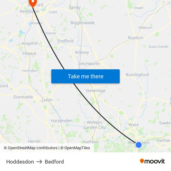Hoddesdon to Bedford map