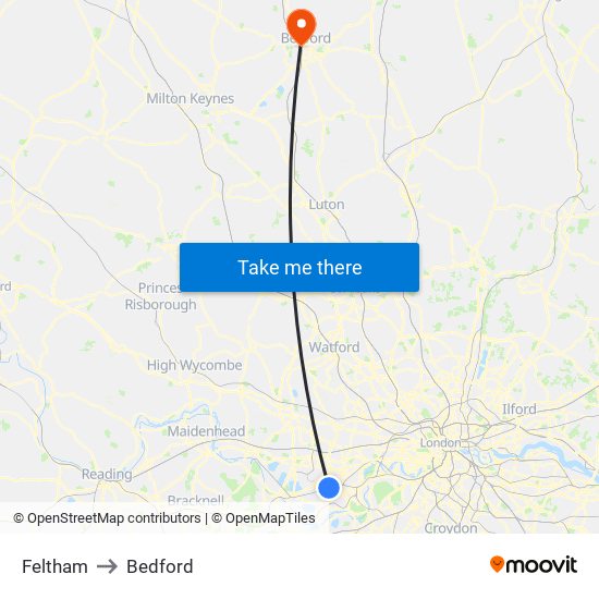 Feltham to Bedford map