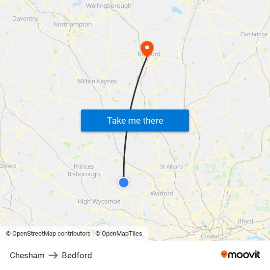Chesham to Bedford map