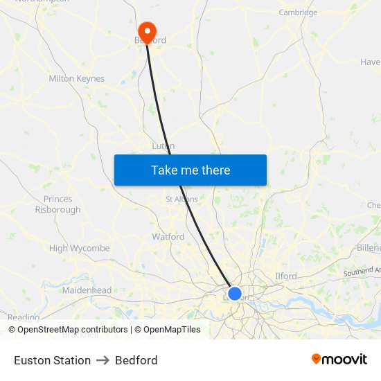 Euston Station to Bedford map