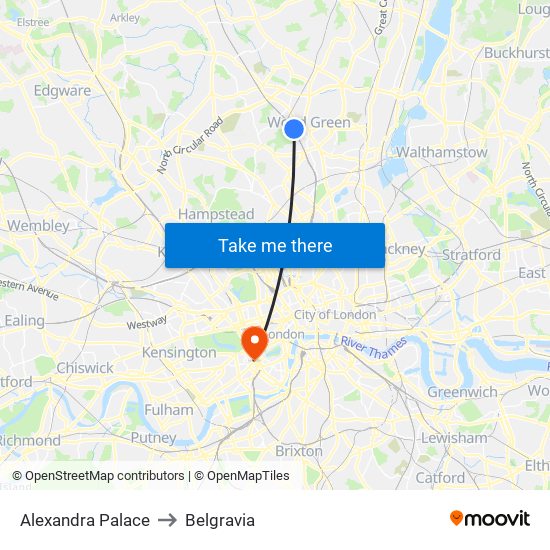 Alexandra Palace to Belgravia map