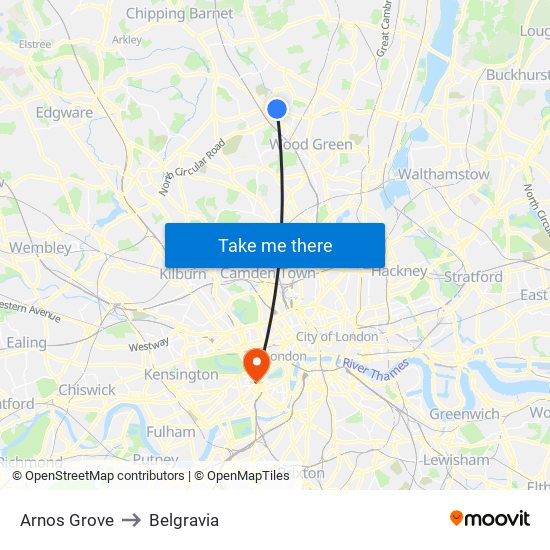 Arnos Grove to Belgravia map