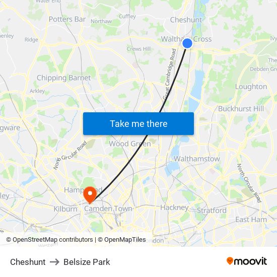 Cheshunt to Belsize Park map