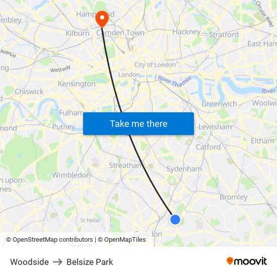 Woodside to Belsize Park map