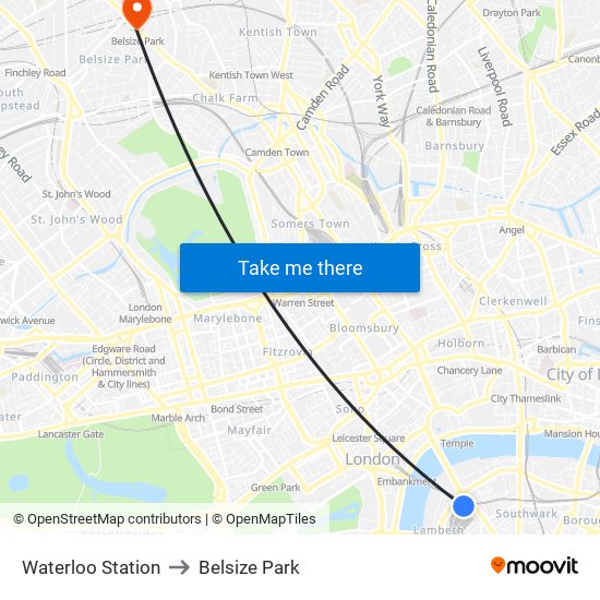 Waterloo Station to Belsize Park map