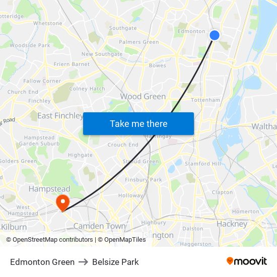 Edmonton Green to Belsize Park map