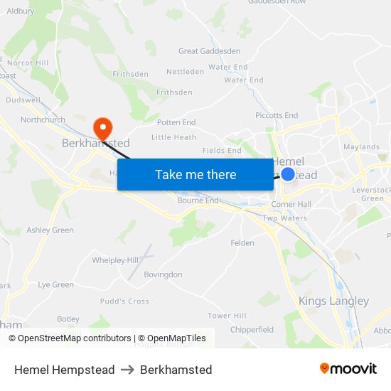 Hemel Hempstead to Berkhamsted map