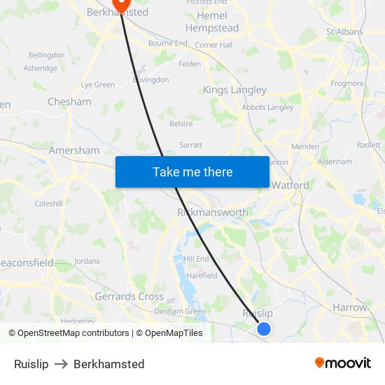 Ruislip to Berkhamsted map