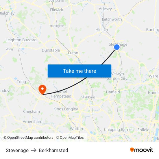 Stevenage to Berkhamsted map