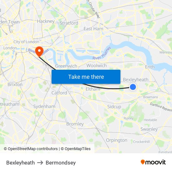 Bexleyheath to Bermondsey map