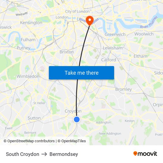 South Croydon to Bermondsey map