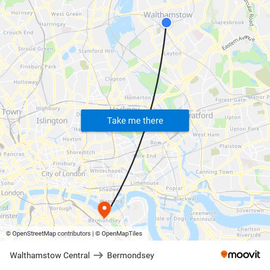 Walthamstow Central to Bermondsey map