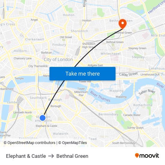 Elephant & Castle to Bethnal Green map