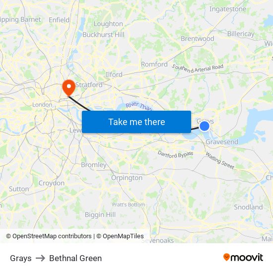 Grays to Bethnal Green map