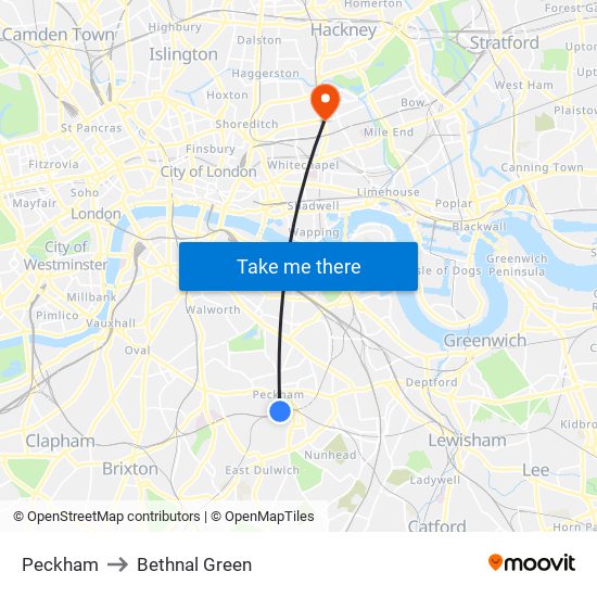 Peckham to Bethnal Green map