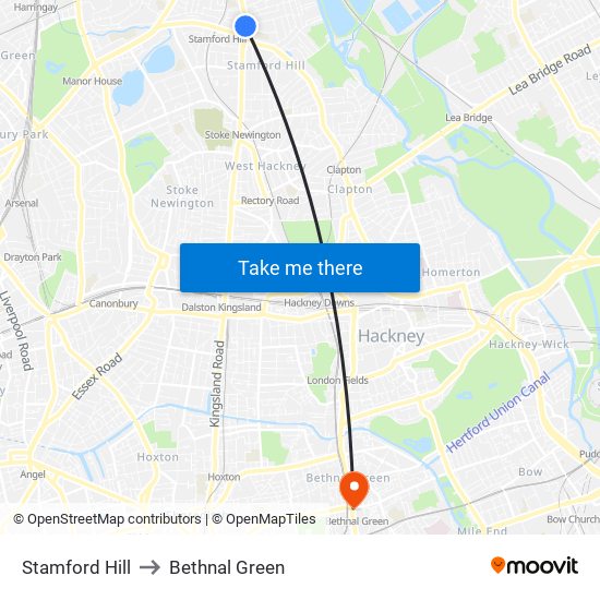 Stamford Hill to Bethnal Green map