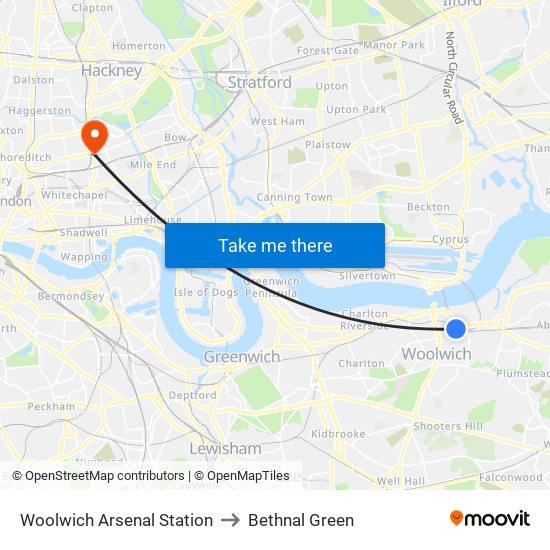 Woolwich Arsenal Station to Bethnal Green map