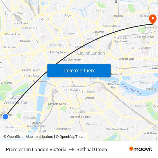 Premier Inn London Victoria to Bethnal Green map