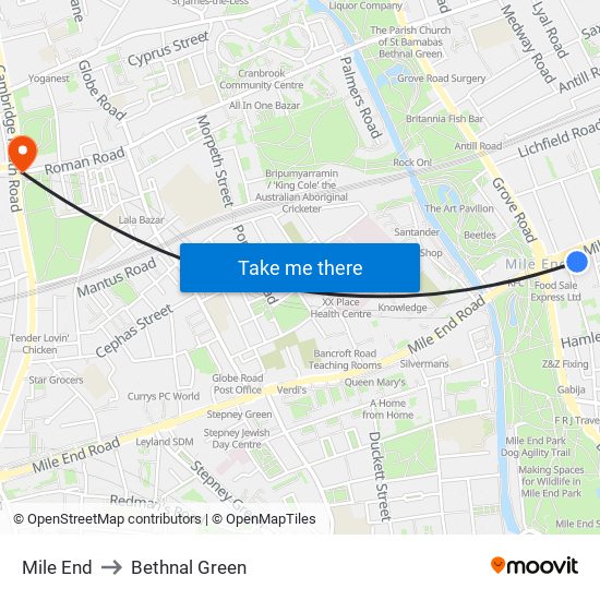 Mile End to Bethnal Green map