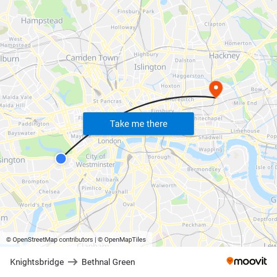 Knightsbridge to Bethnal Green map