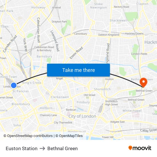 Euston Station to Bethnal Green map