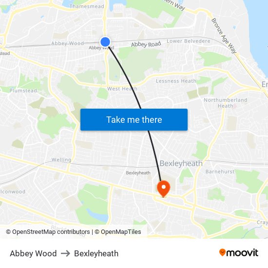 Abbey Wood to Bexleyheath map