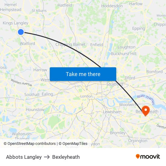 Abbots Langley to Bexleyheath map