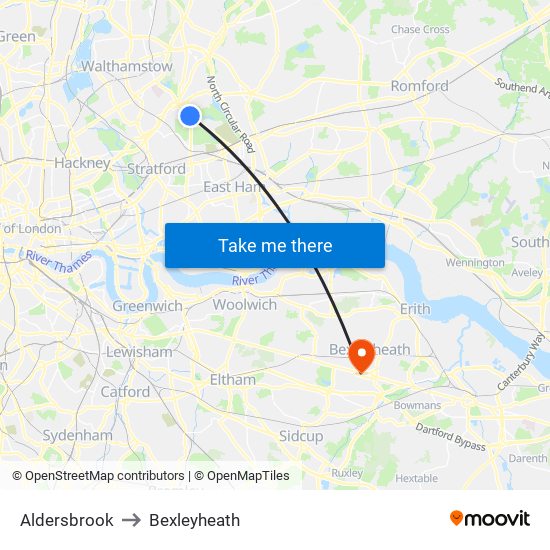 Aldersbrook to Bexleyheath map