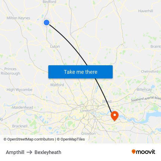 Ampthill to Bexleyheath map