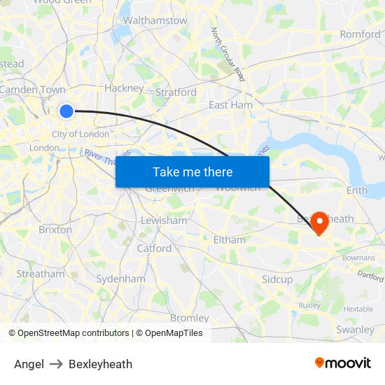 Angel to Bexleyheath map