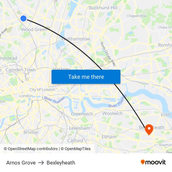 Arnos Grove to Bexleyheath map