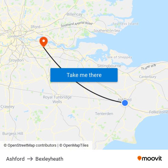Ashford to Bexleyheath map
